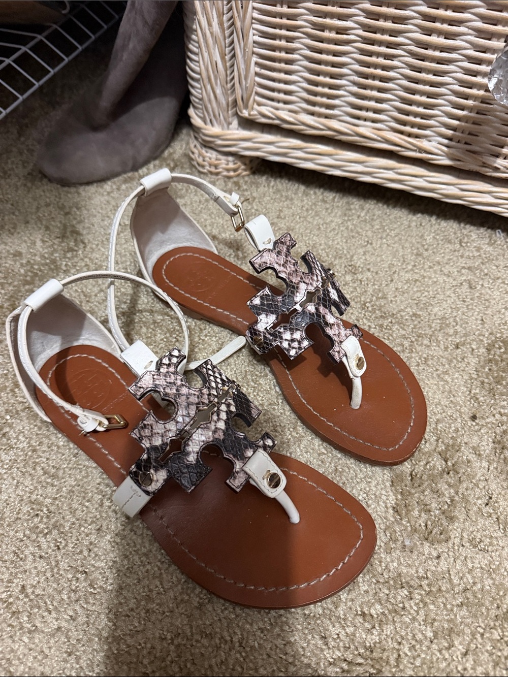 Tory Burch White Leather Thong Sandals with Snake-Print Logo